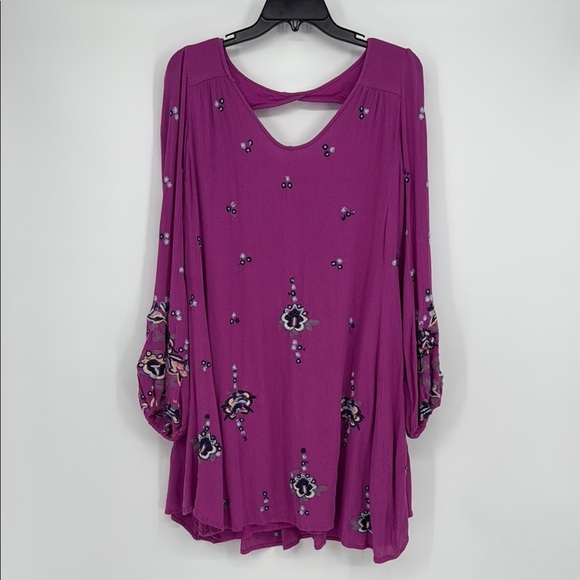 Free People Oxford Embroidered V Neck Purple Mini Dress Sz M Boho Bohemian - Picture 1 of 4